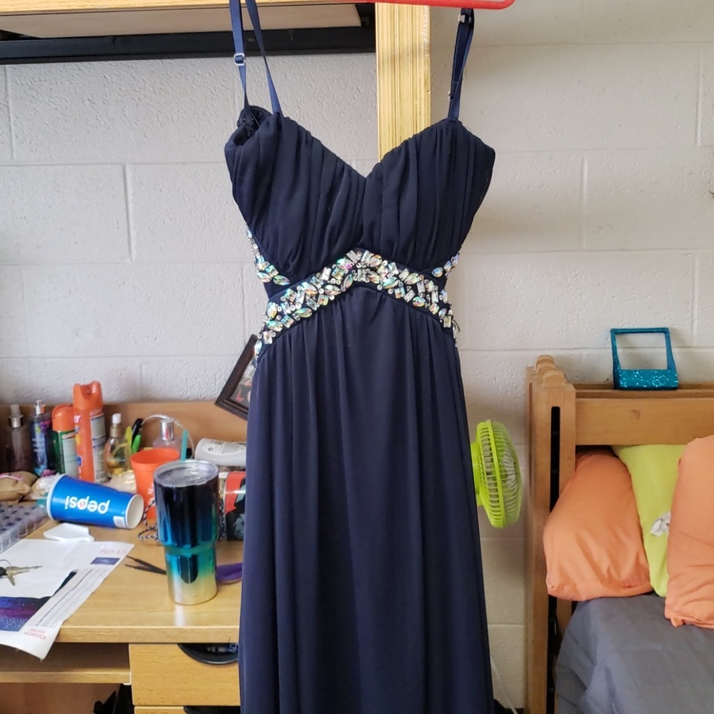 Navy Blue Open Back Prom Dress